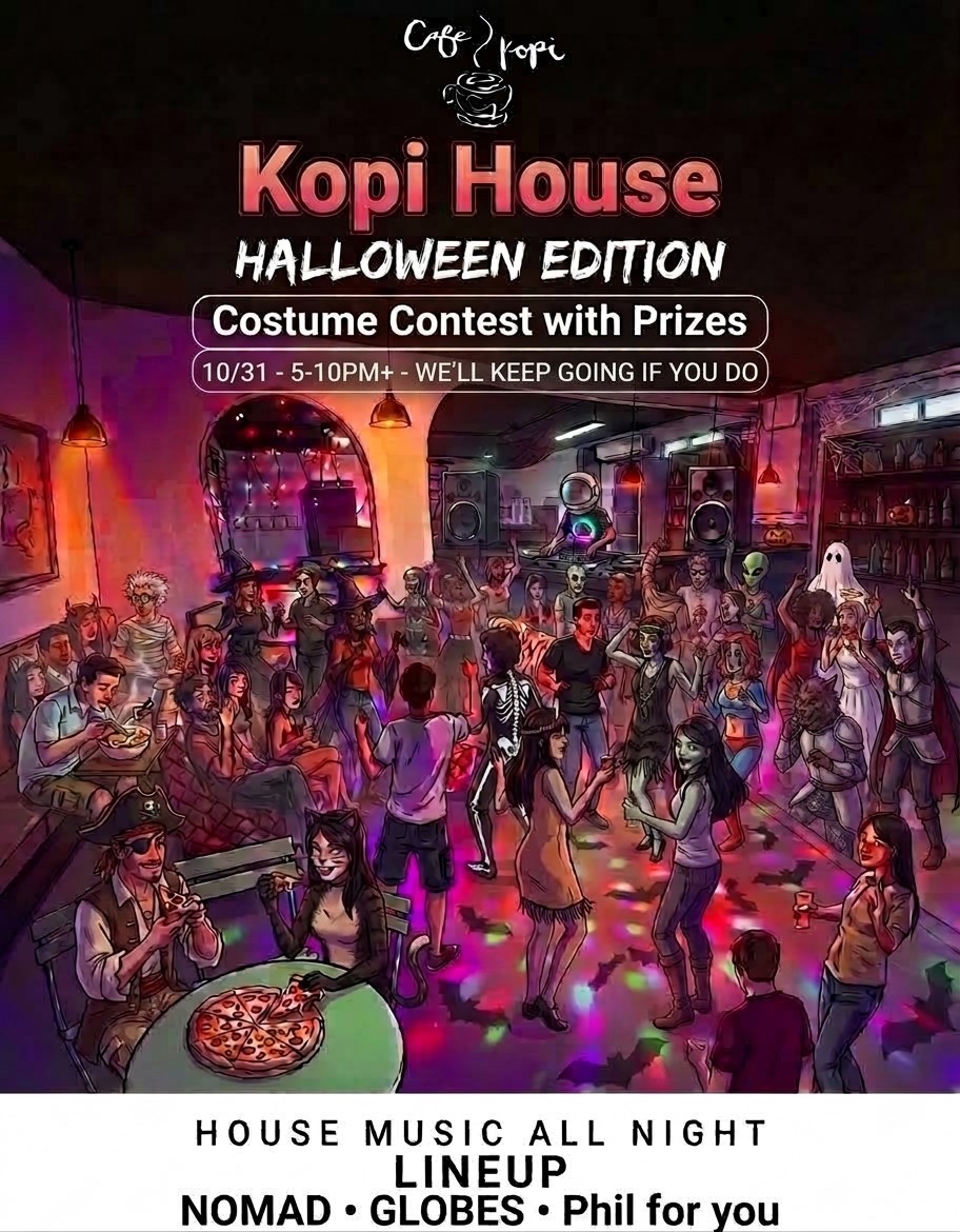 Kopi House flyer — Saturday, October 31, 2026 at Café Kopi, Kailua. Nomad, Globes and Phil for you