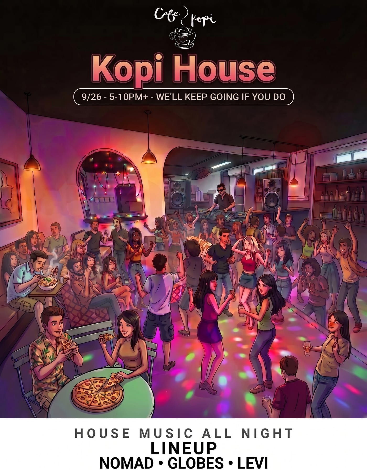 Kopi House flyer — Saturday, September 26, 2026 at Café Kopi, Kailua. Nomad, Globes and Levi
